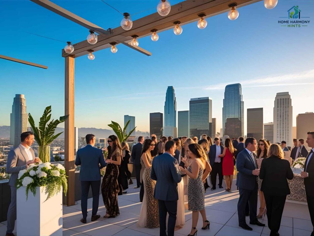 Planning Perfect Events in Los Angeles: Local Event Service Trends 1 Rooftop event in Downtown Los Angeles with modern decor and city skyline, highlighting Los Angeles event planning trends