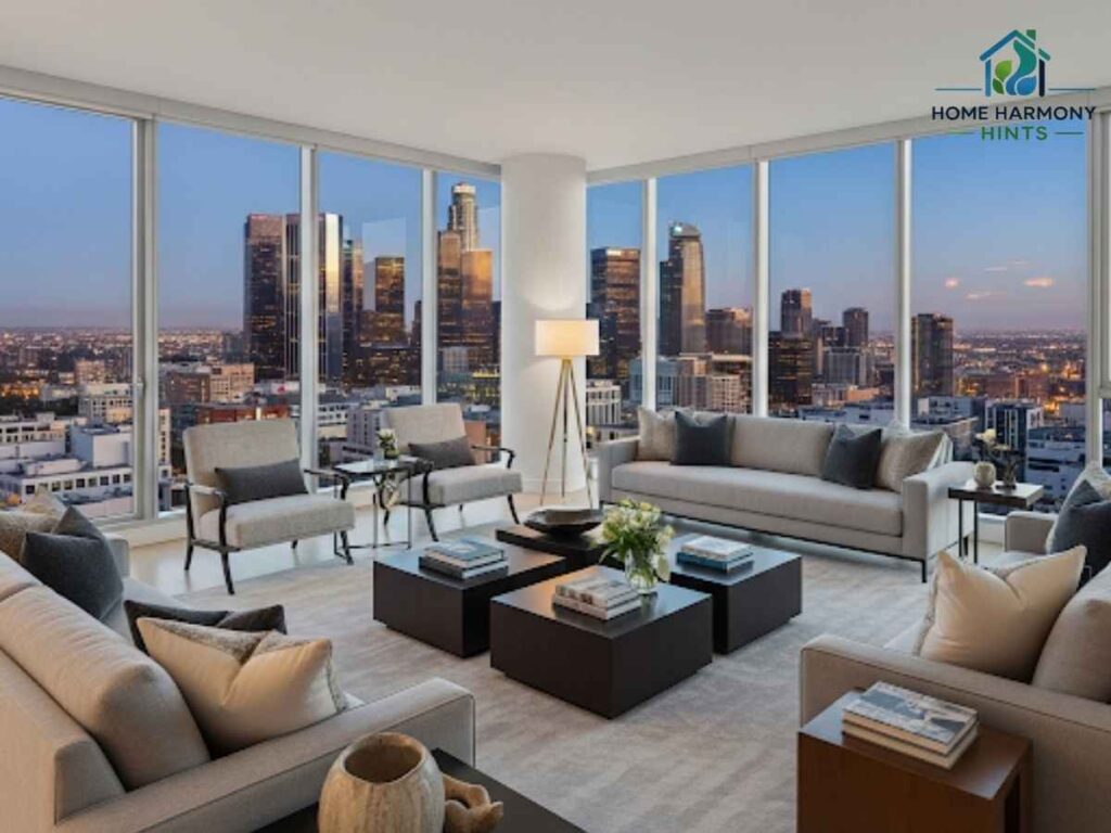 Open-Concept Remodel: Maximizing Space in Los Angeles Apartments 2 Spacious Los Angeles apartment living room with open floor plan and city skyline views