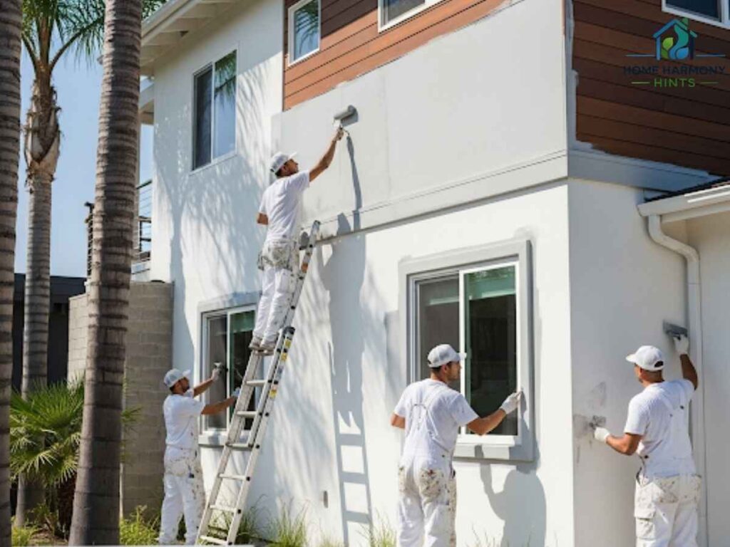 Professional painters applying exterior paint on Los Angeles home, cost-saving tips"