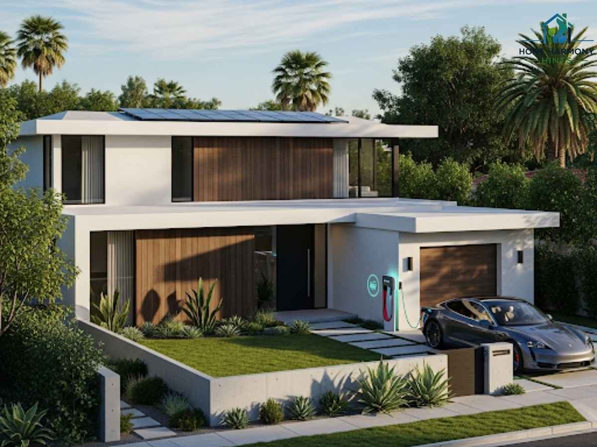 Modern Hillcrest smart home exterior with solar panels and EV charger in Los Angeles