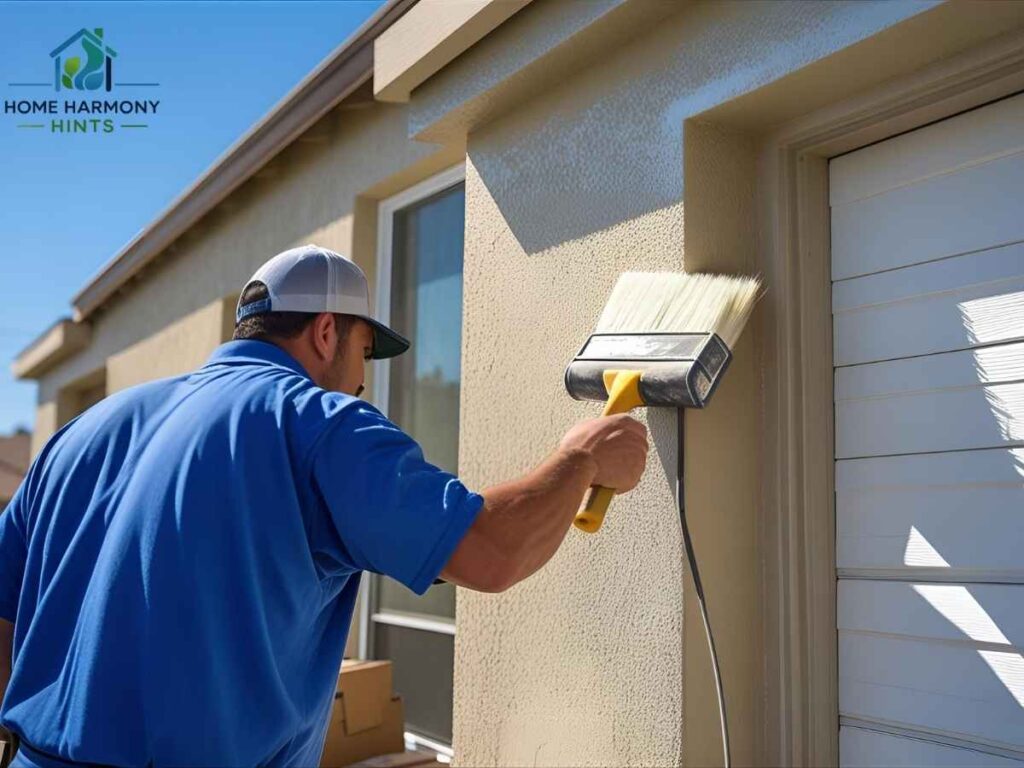 Professional applying heat-resistant exterior paint to stucco in Los Angeles Fresno neighborhood