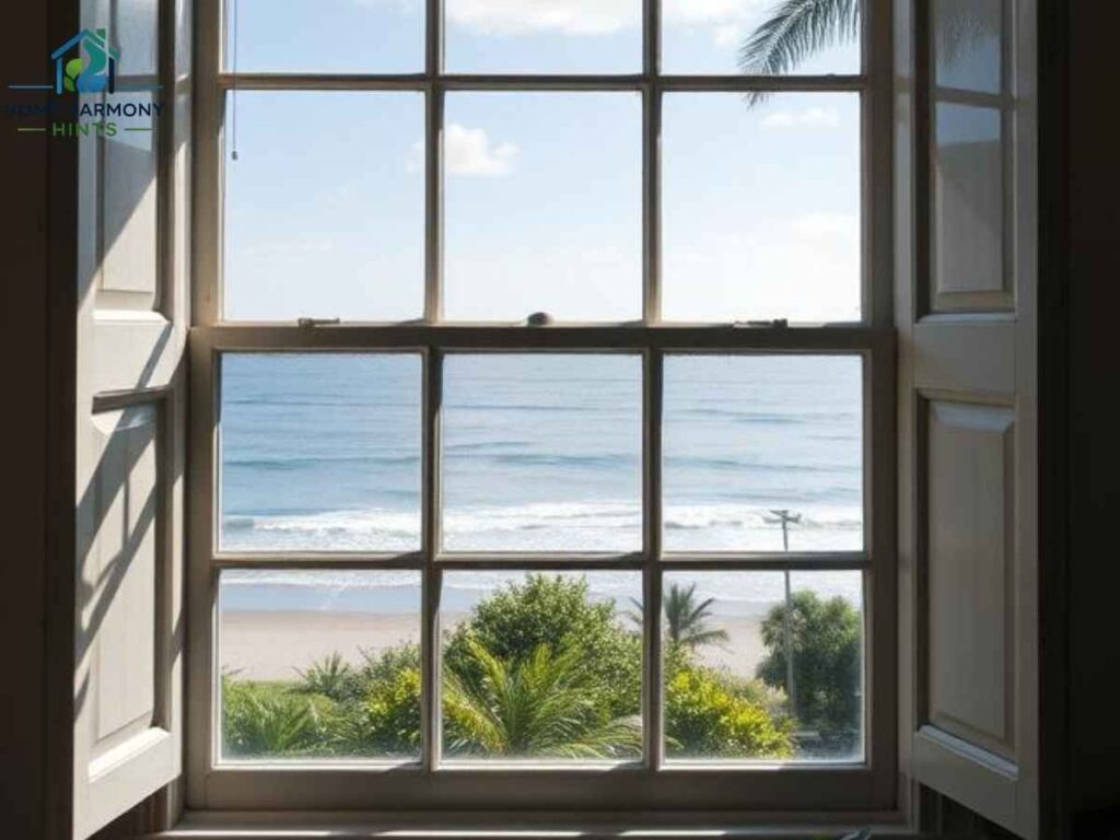 Restored historic home window with ocean breeze in Naples, Los Angeles