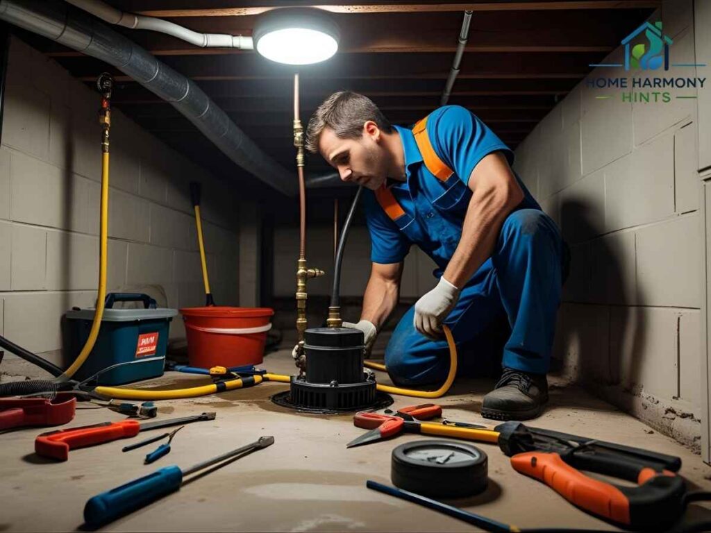 Professional plumber performing sump pump maintenance in Los Angeles