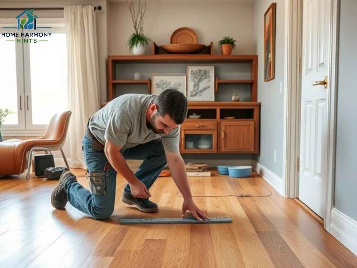 Skilled flooring contractor installing hardwood floors in a Los Angeles home in Chula Vista neighborhood