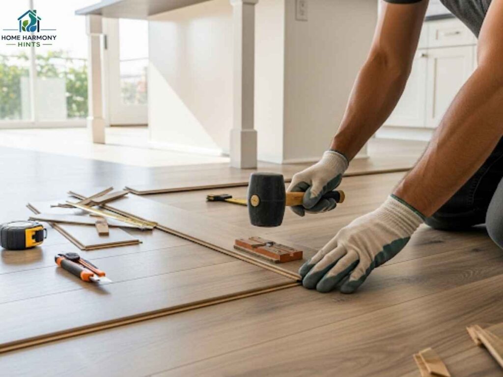 Close-up of professional laying laminate flooring in a bright kitchen in Los Angeles by a Chula Vista flooring expert