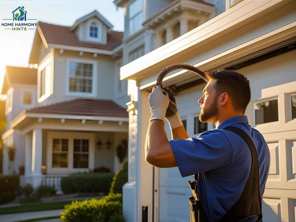 Technician replacing garage door spring at a home in University City Los Angeles