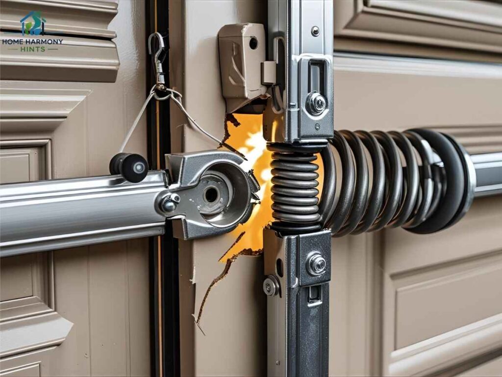 Close-up of a broken torsion spring on a garage door in University City Los Angeles