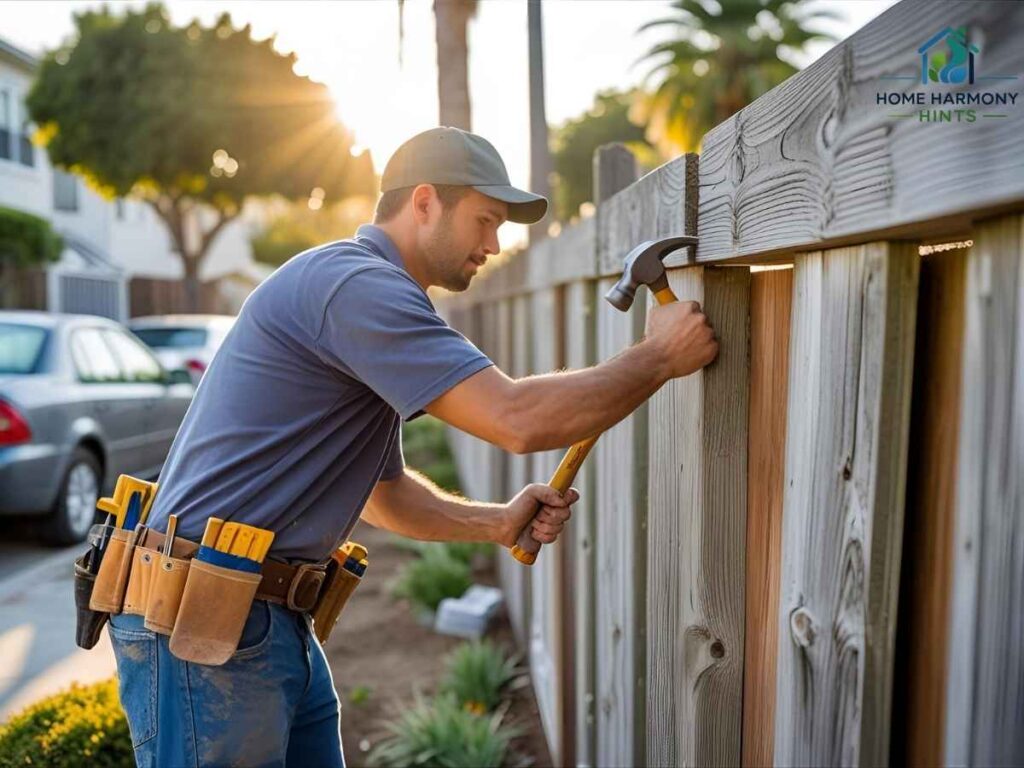 Handyman repairing fence under bright Los Angeles sun in Berryessa neighborhood, showing local odd job challenges