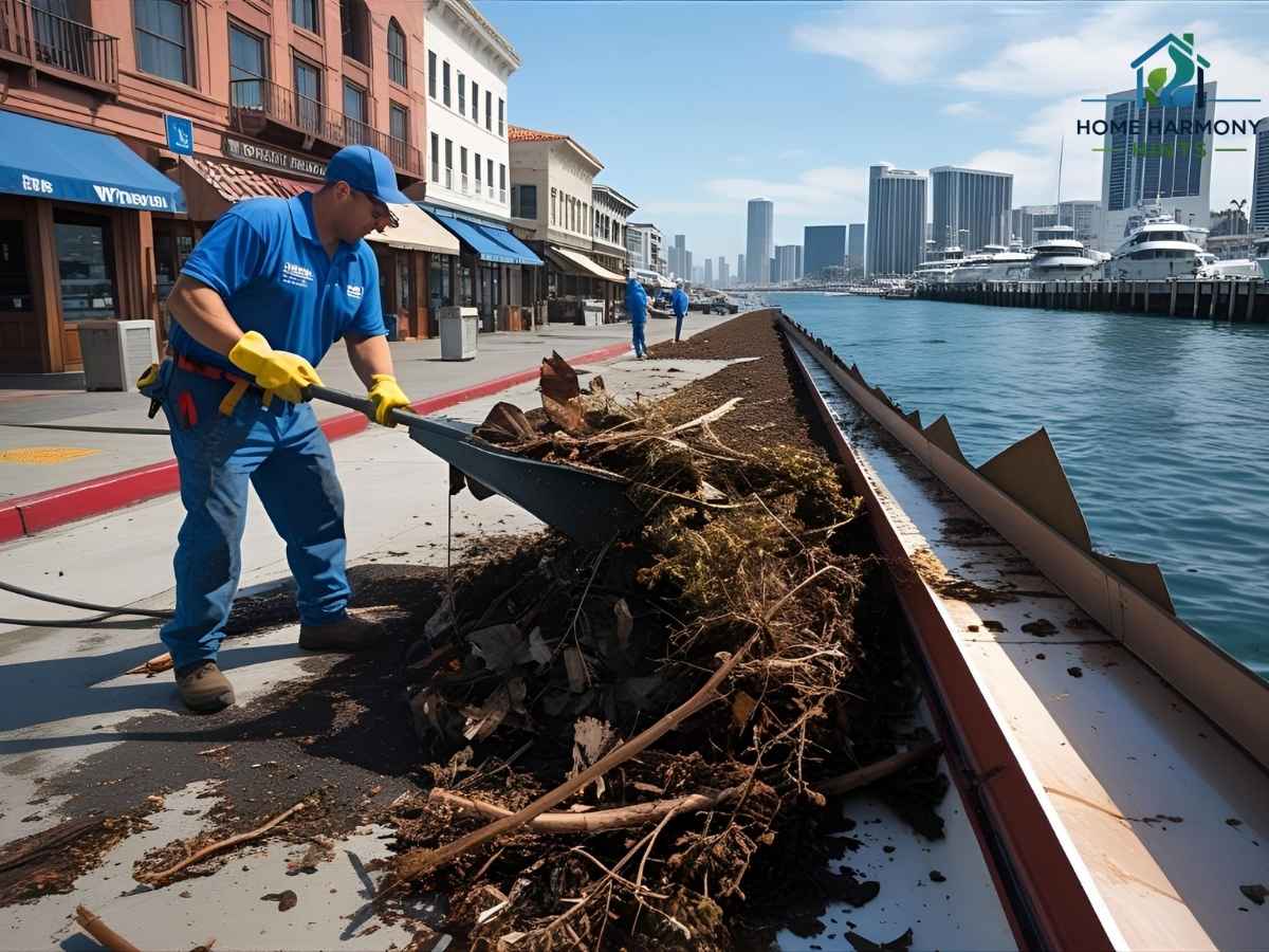 Gutter cleaning service removing debris in Fisherman’s Wharf Los Angeles